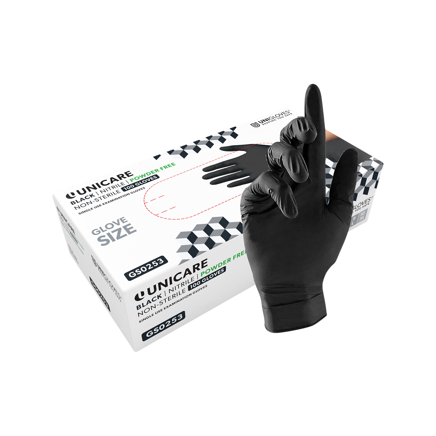 gloves-unicare-nit-blk_4 Unigloves Unicare Black Nitrile Gloves – Boîte de 100 (XS à XL) – Image 1